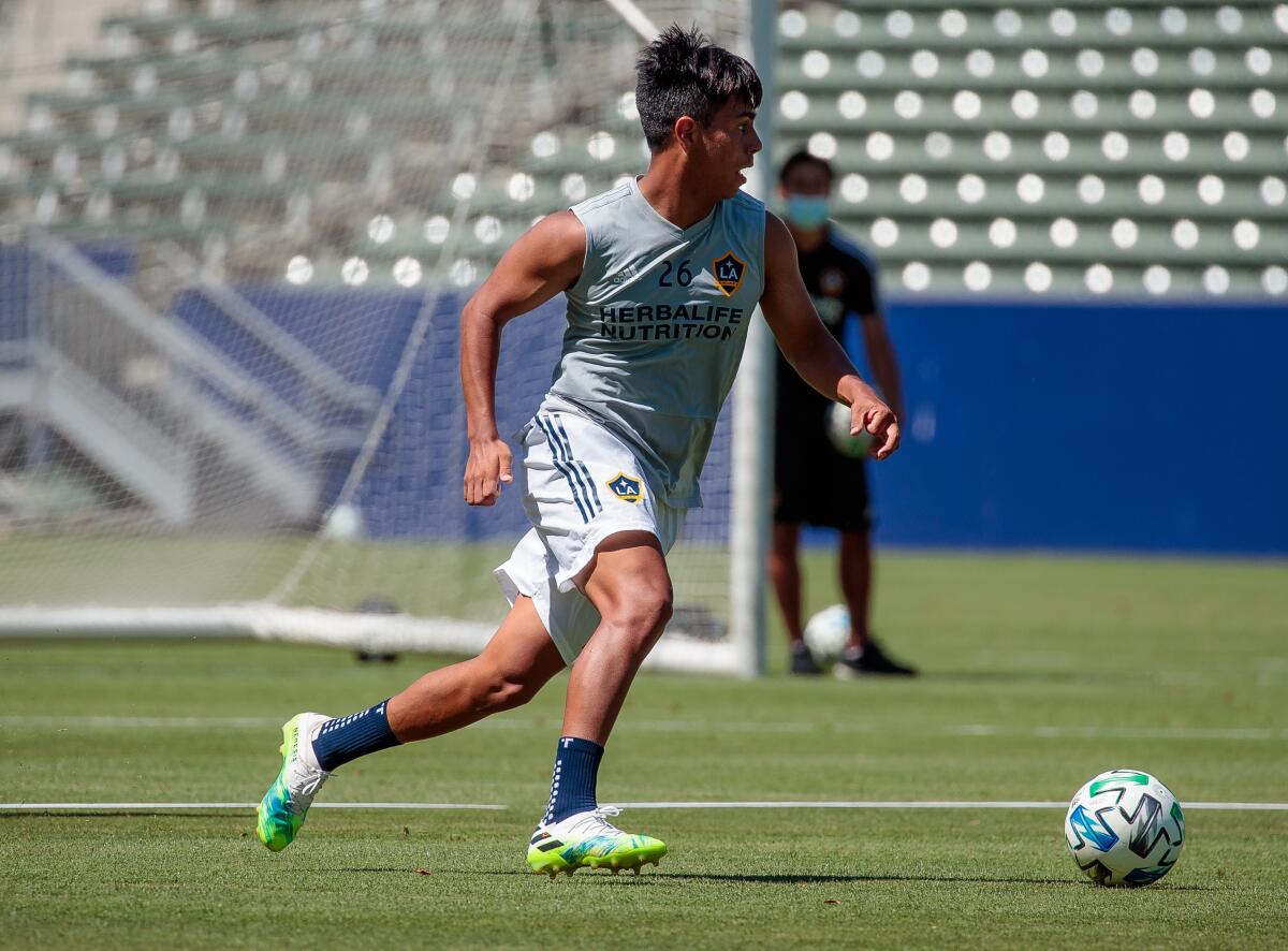 Galaxy players take part in a team training session at Dignity Health Sports Park in June 2020.