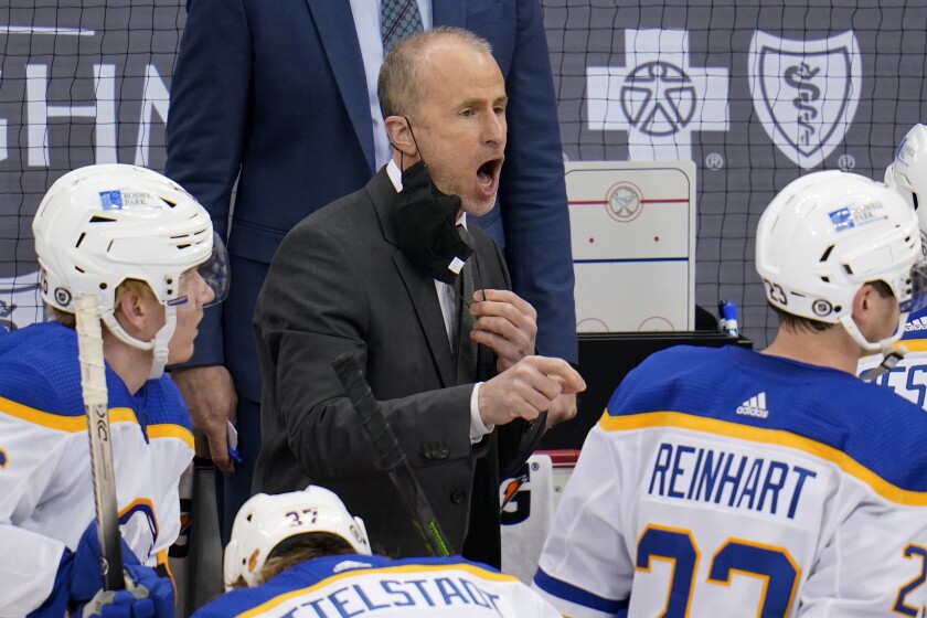 Buffalo Sabres coach Don Granato gives instructions during the third period of the team's NHL hockey game against the Pittsburgh Penguins in Pittsburgh, Saturday, May 8, 2021. The Penguins won 1-0. (AP Photo/Gene J. Puskar)