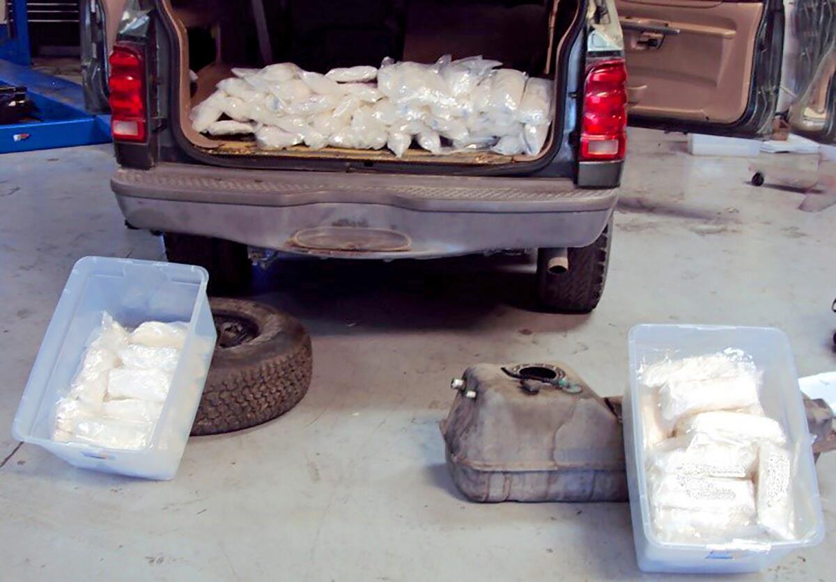 U.S. Customs and Border Protection confiscated 96 packages of methamphetamine hidden in a vehicle traveling on Interstate 15 south of Temecula on Friday.