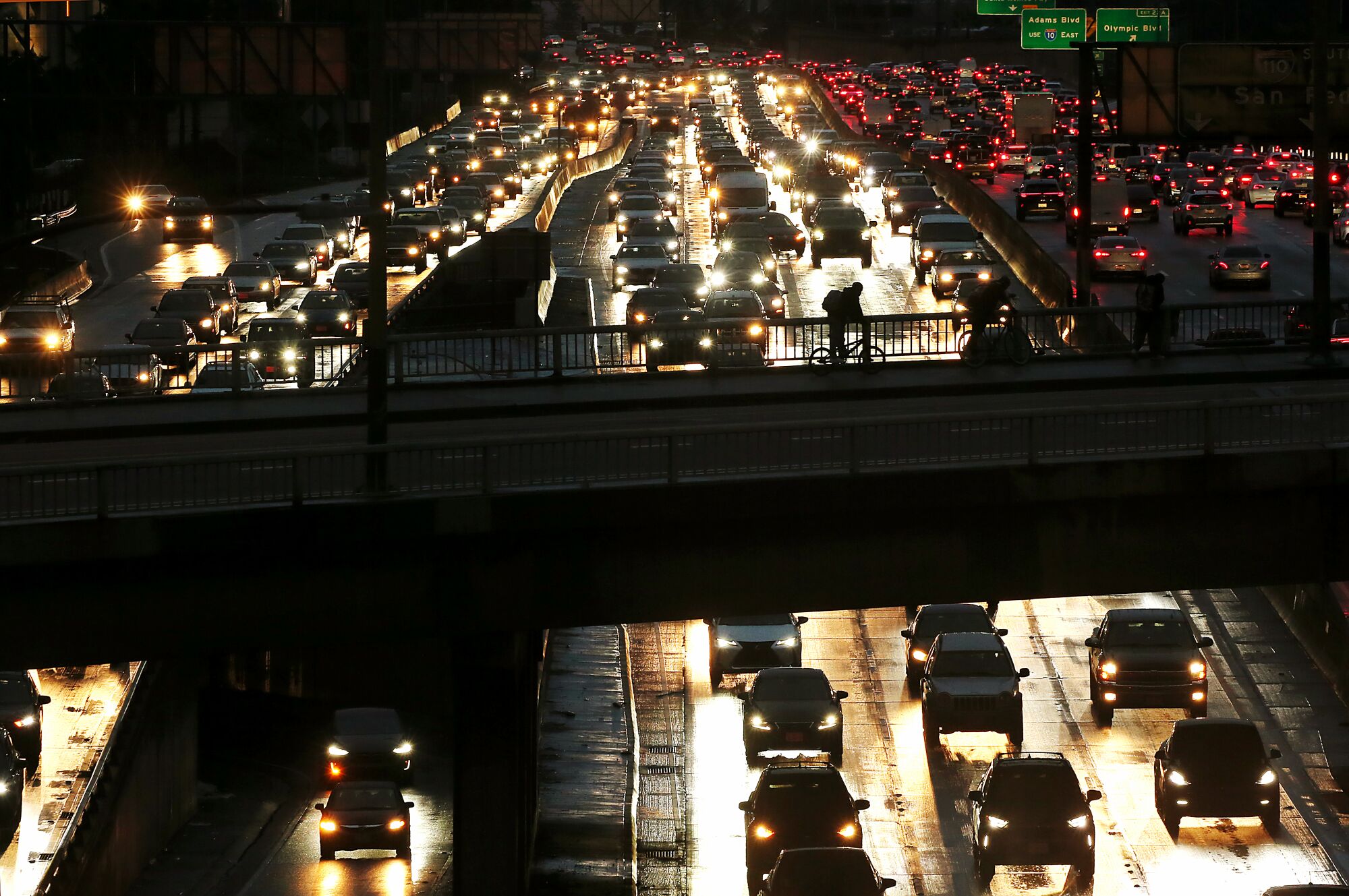 Rush hour traffic stacks up on the Harbor Freeway in downtown Los Angeles