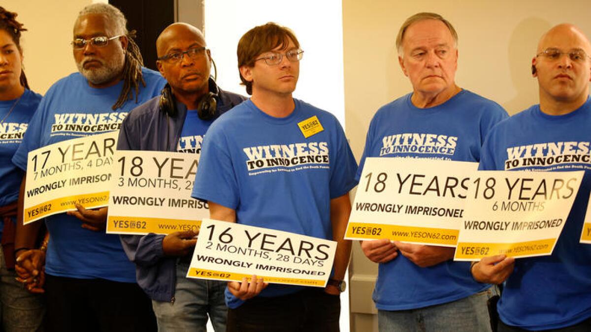 Death row exonerees at a "Yes on Prop. 62" event in September.