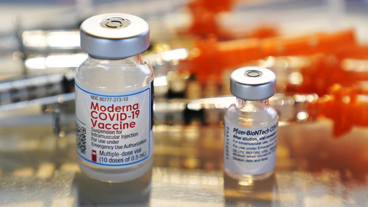 Vials of the Moderna and Pfizer COVID-19 vaccines