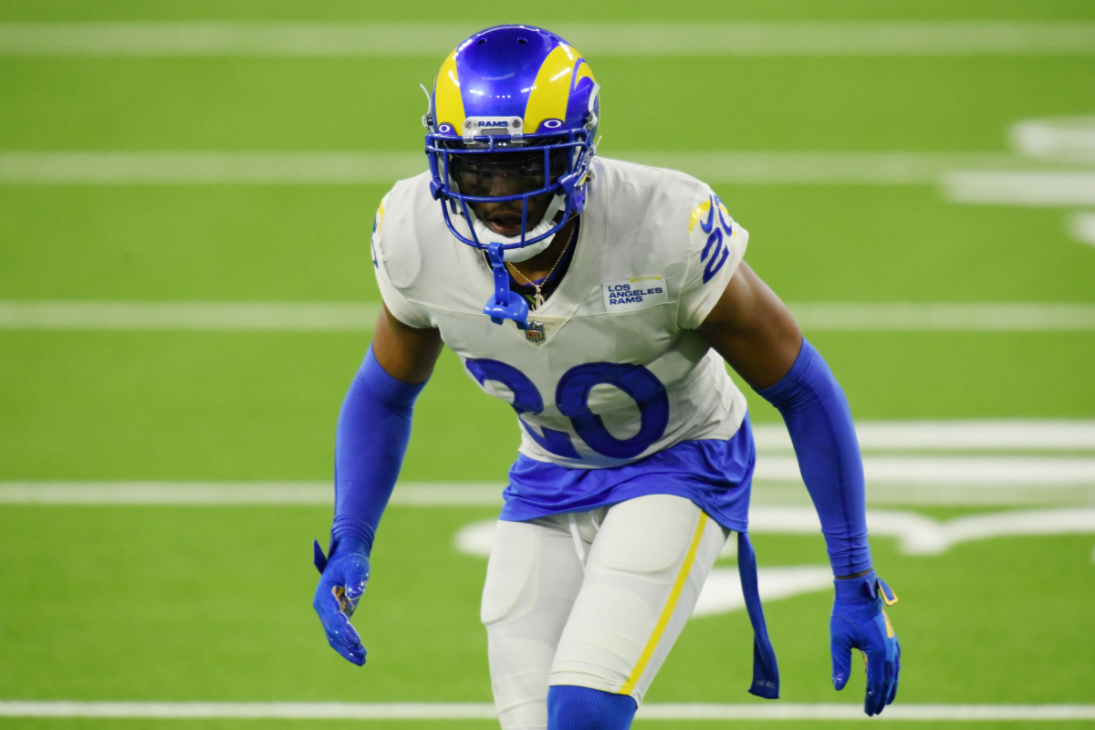 Cornerback Jalen Ramsey of the Los Angeles Rams lines up on defense.