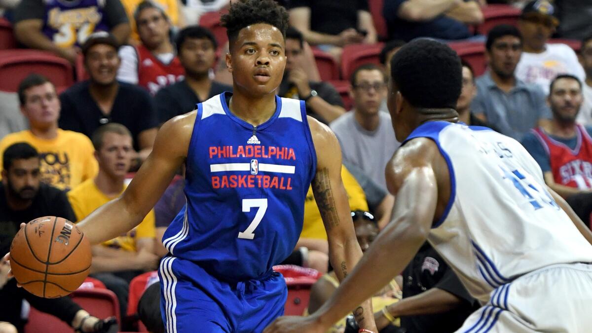76ers guard Markelle Fultz sets up the offense during a Summer League game in Las Vegas against the Warriors on Saturday night.