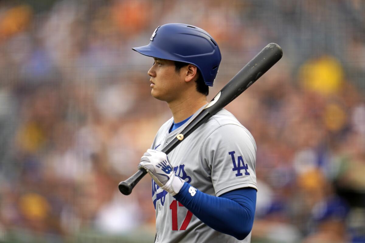 Shohei Ohtani waits on deck during the first inning Tuesday.