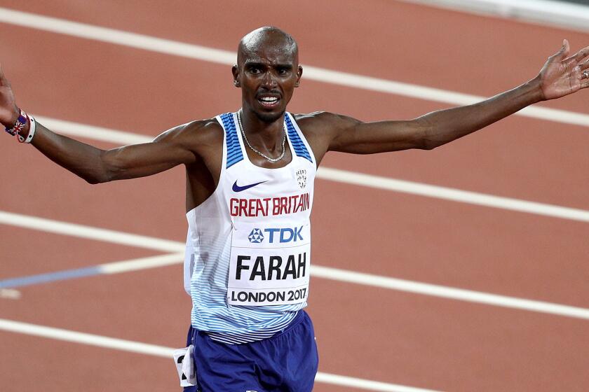 LONDON, ENGLAND - AUGUST 04: Mo Farah of Great Britain celebrates winning gold in the Men's 10000 metres final during day one of the 16th IAAF World Athletics Championships London 2017 at The London Stadium on August 4, 2017 in London, United Kingdom. (Photo by Paul Gilham/Getty Images) ** OUTS - ELSENT, FPG, CM - OUTS * NM, PH, VA if sourced by CT, LA or MoD **