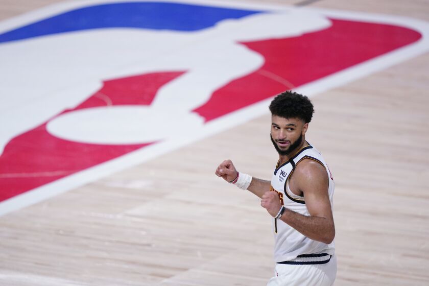 Jamal Murray celebrates the Nuggets' Game 7 win over the Clippers on Sept. 15, 2020.