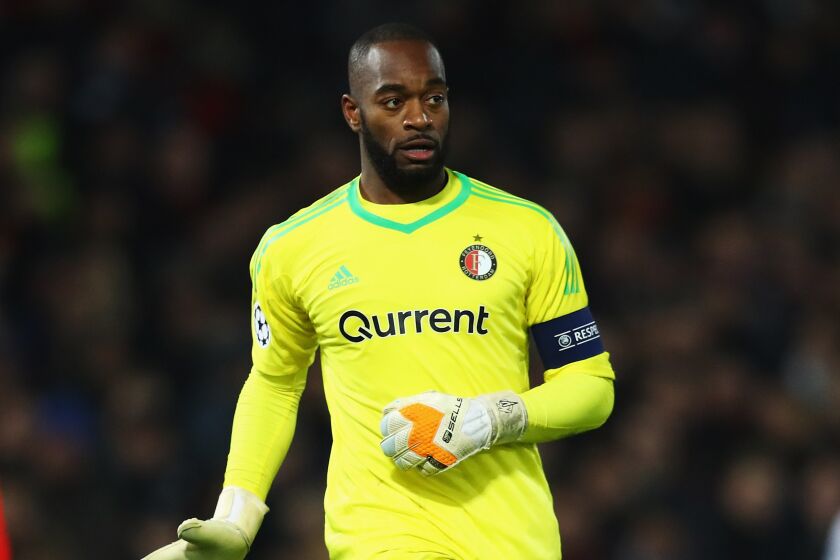 ROTTERDAM, NETHERLANDS - DECEMBER 06: Goalkeeper, Kenneth Vermeer of Feyenoord in action during the UEFA Champions League group F match between Feyenoord and SSC Napoli at Feijenoord Stadion on December 6, 2017 in Rotterdam, Netherlands. (Photo by Dean Mouhtaropoulos/Getty Images)
