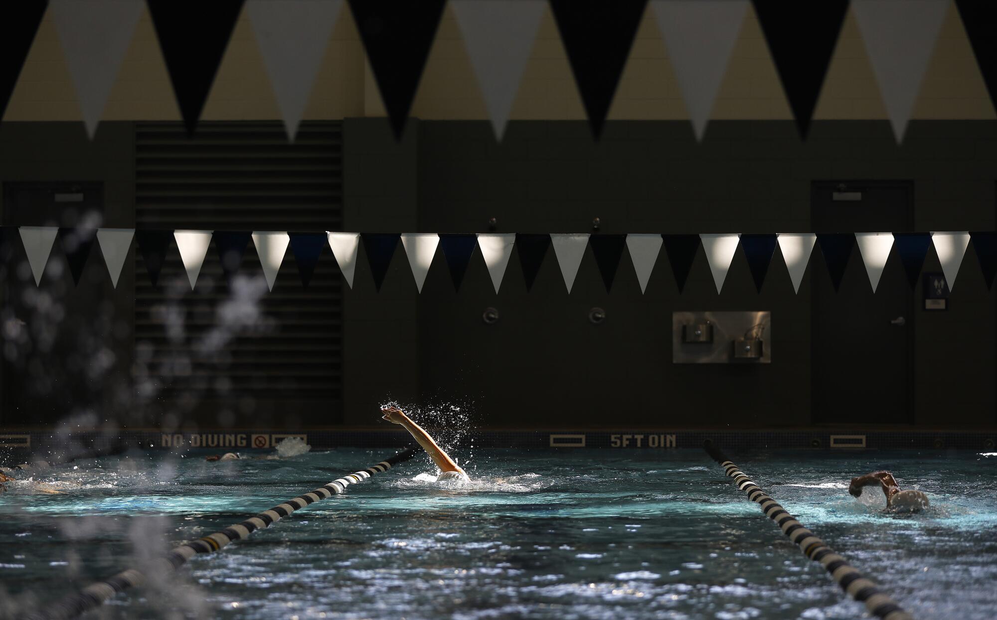 Swimmers raise their arms while swimming in pool lanes.