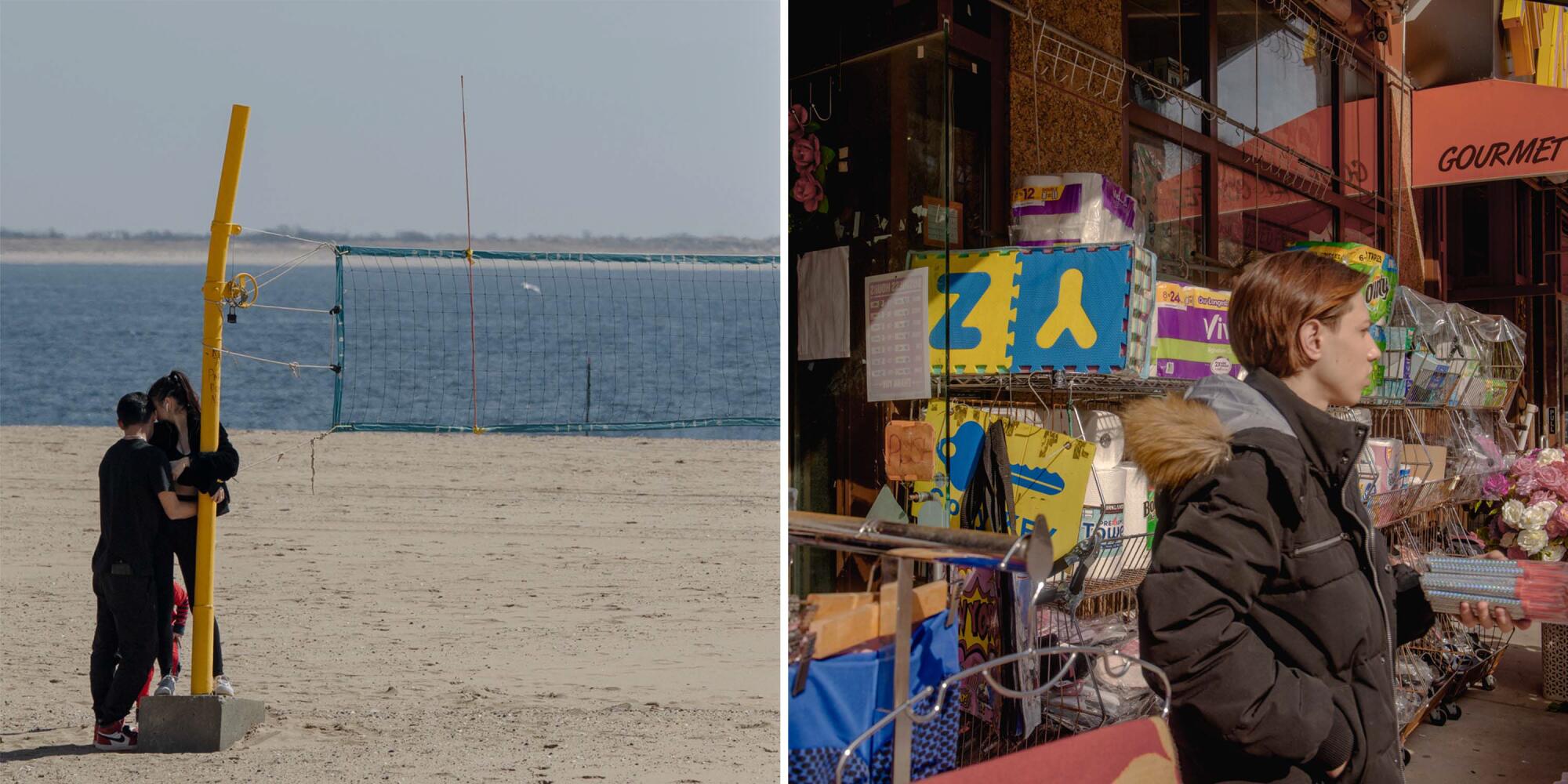 Split photos of Brighton Beach: a couple on the beach and a person leaving a general store.