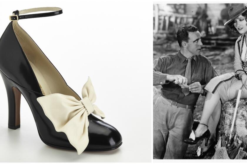 The brushed calfskin Bella pump at left ($1,050) is a replica of the Salvatore Ferragamo shoe worn by Gloria Swanson (far right, with Raoul Walsh) in a scene from the 1928 film "Sadie Thompson."