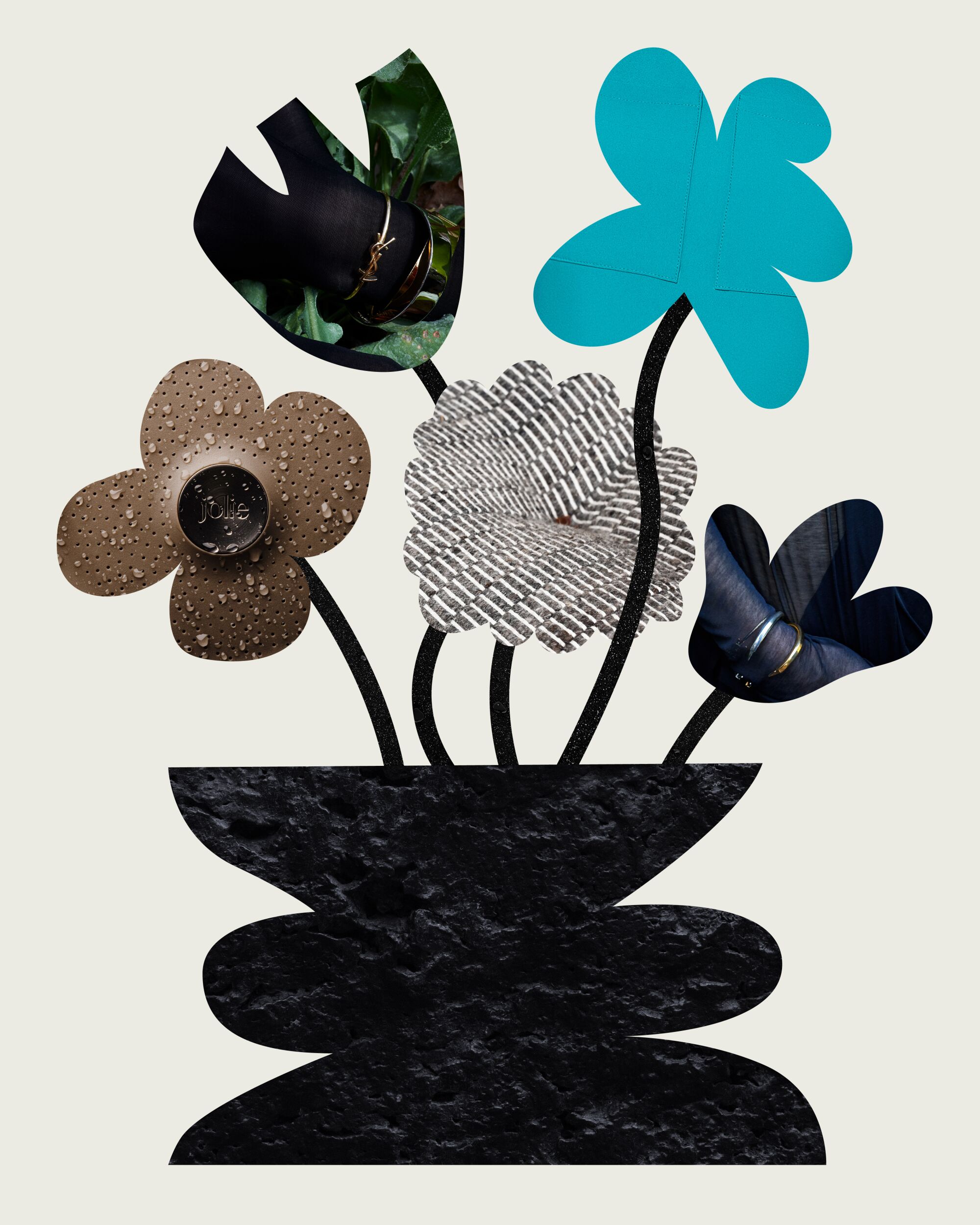 flower cutouts with different textures and colors arranged in a black geometric stone vase