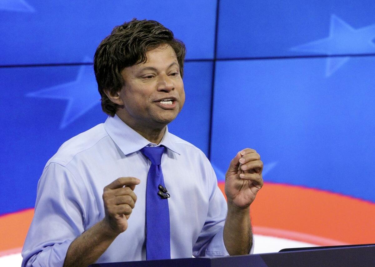 FILE - In this June 20, 2018, file photo, Michigan Democratic gubernatorial candidate Shri Thanedar gestures during a debate in Grand Rapids, Mich. Thanedar won Michigan's 13th Congressional Democratic primary on Tuesday, Aug. 2, 2022, topping a field of nine candidates in a district that covers most of Detroit and potentially leaving the city next term without Black representation in Congress for the first time since the early 1950s. (Michael Buck/Wood-TV8 via AP, POOL, File)