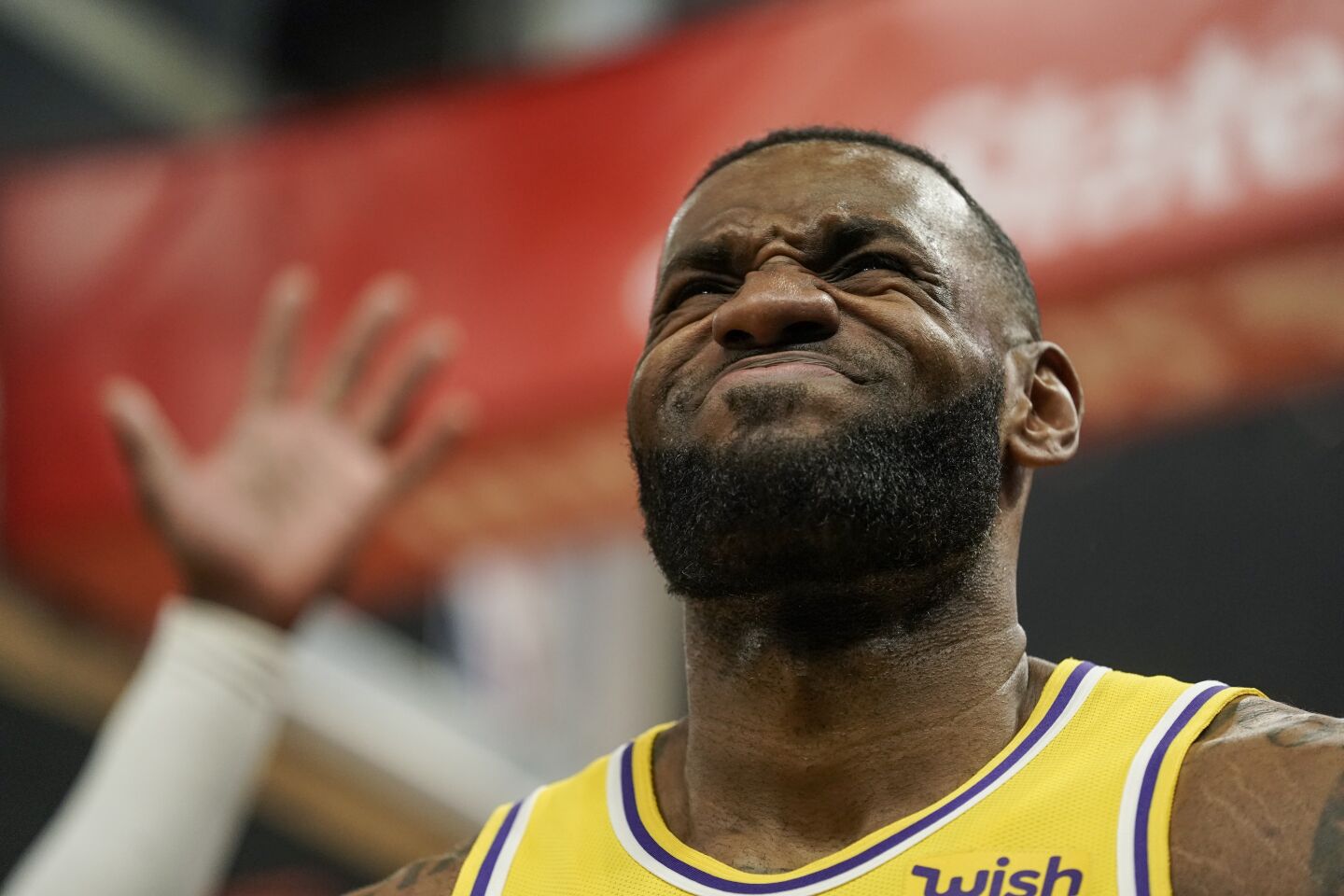 LeBron James reacts to a call during the first half of a game against the Bucks on Dec. 19.