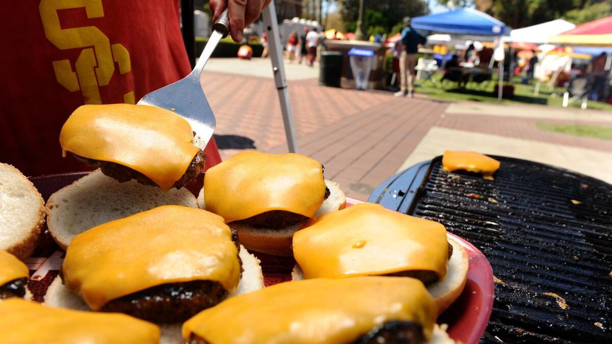 Burgers served at a USC tailgate party.
