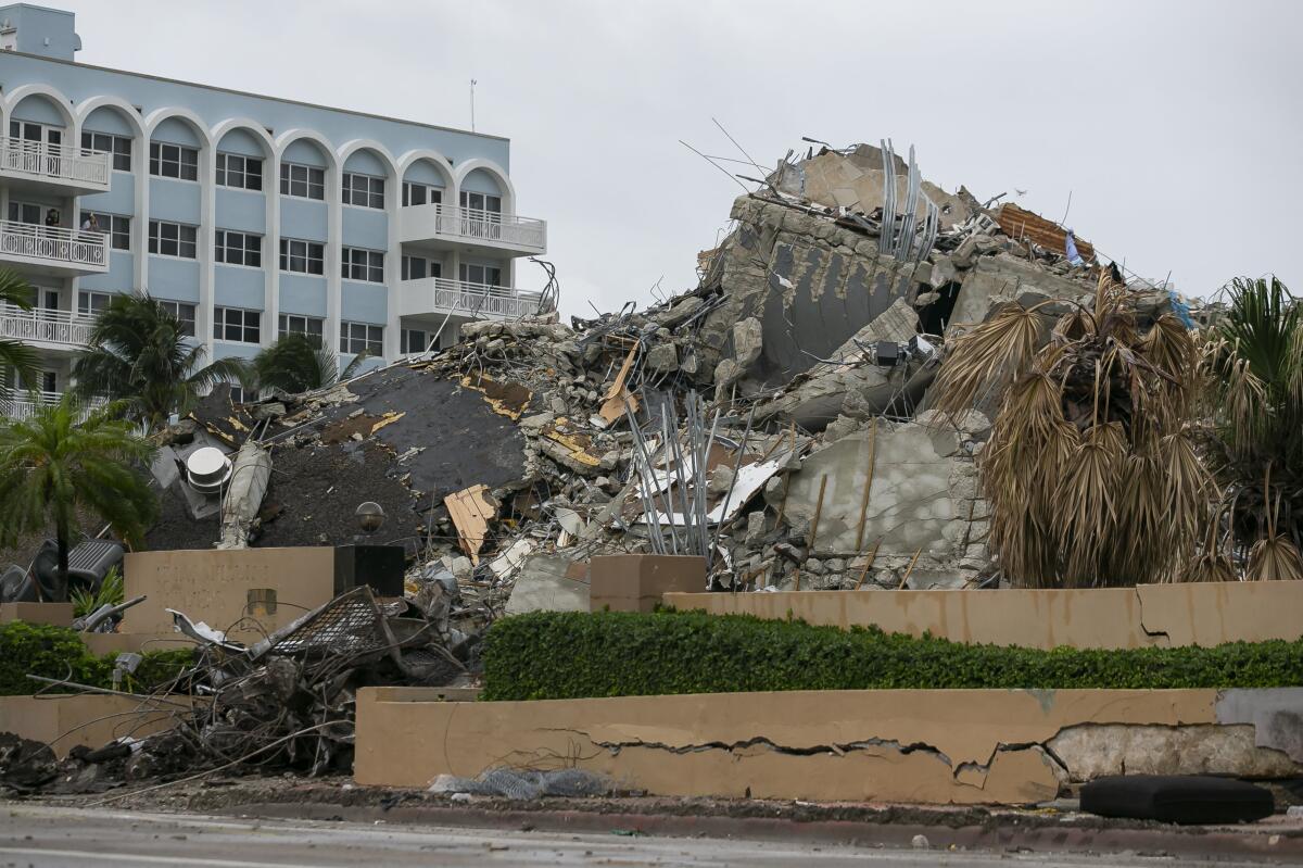 Rubble and debris of collapsed condo tower