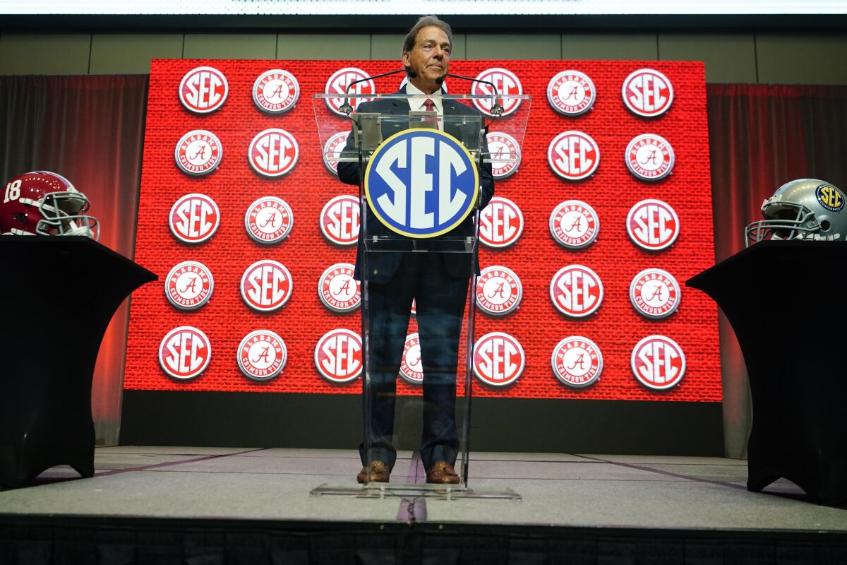 Alabama head coach Nick Saban speaks during NCAA college football Southeastern Conference Media Days Tuesday, July 19, 2022, in Atlanta. (AP Photo/John Bazemore)
