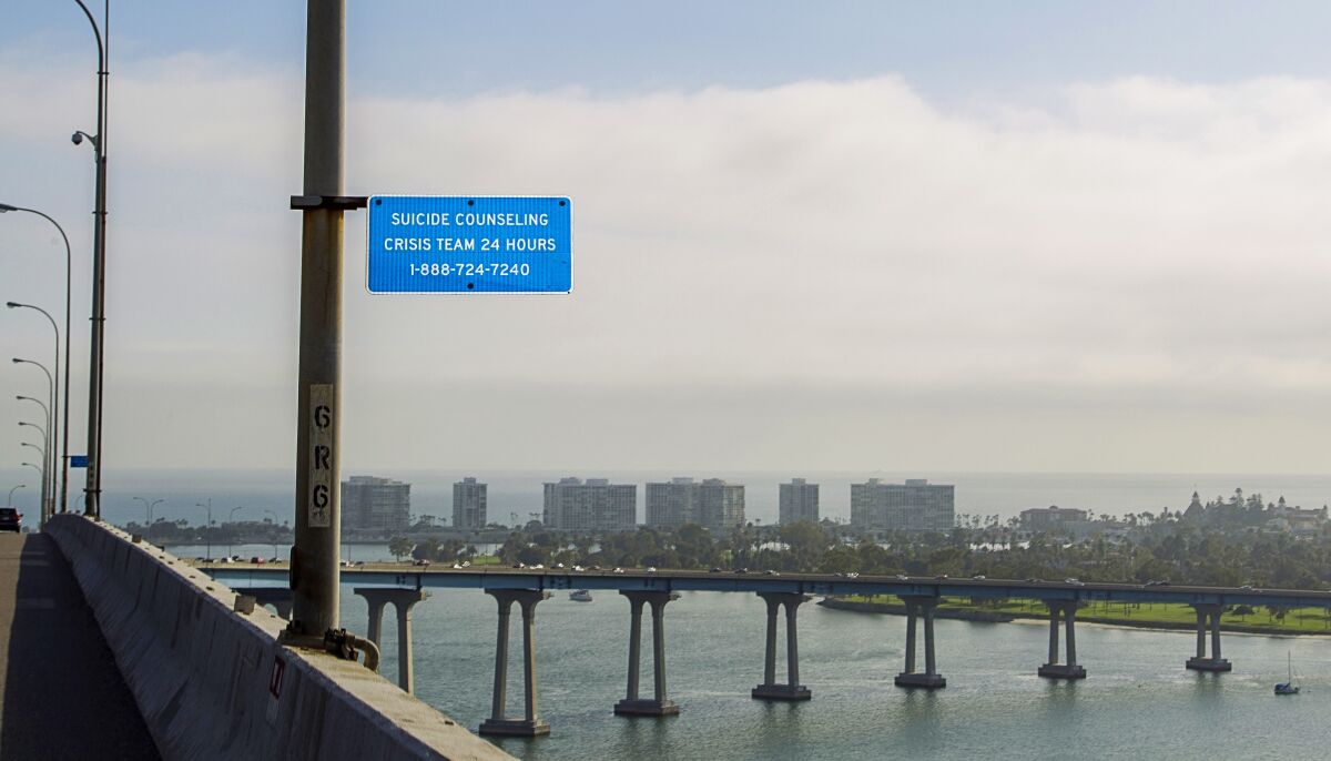 A suicide counseling crisis team sign at midspan on the Coronado Bridge in this file photo from 2015.