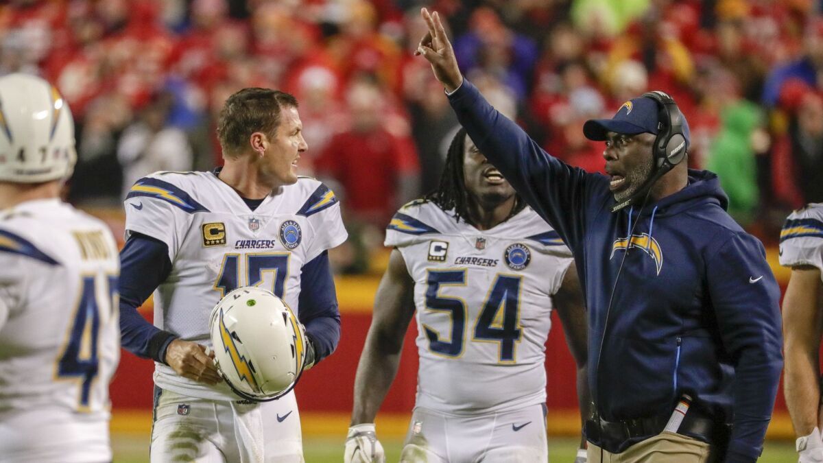 Chargers head coach Anthony Lynn calls for a two-point conversion after quarterback Philip Rivers led the team on a last minute scoring drive against the Chiefs Arrowhead Stadium.
