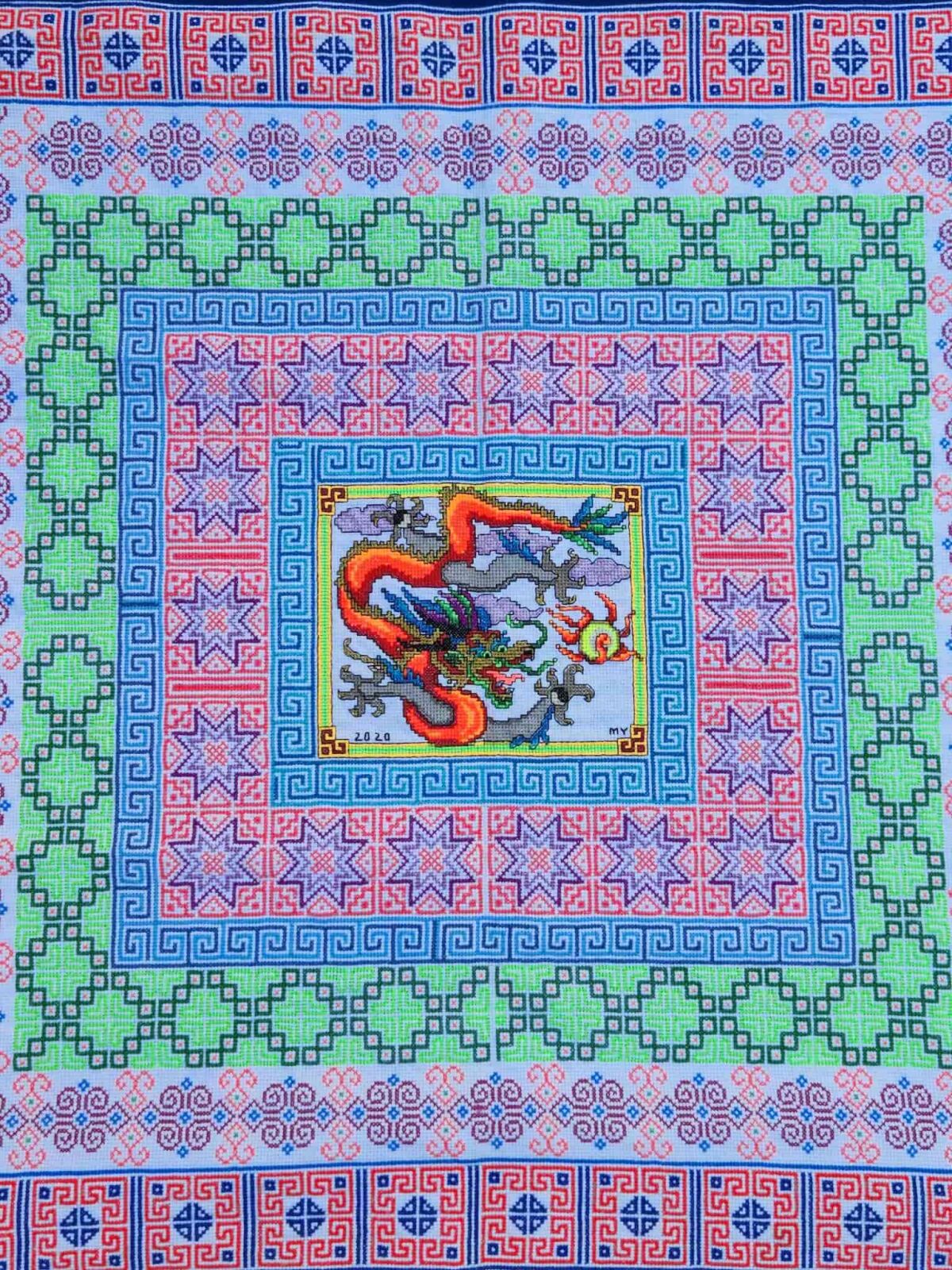 Closeup of bright patterns on a wall hanging.