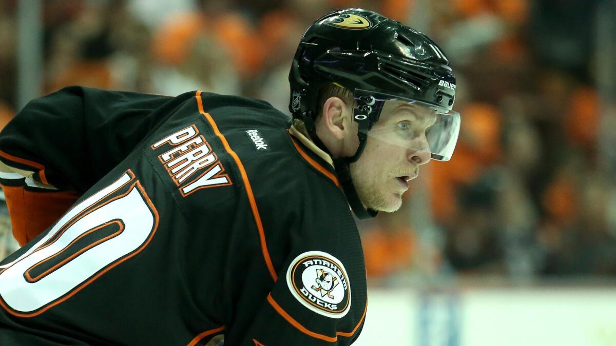 Ducks forward Corey Perry follows the puck during the Ducks' 6-1 victory over the Calgary Flames in Game 1 of the Western Conference semifinals at Honda Center on April 30.