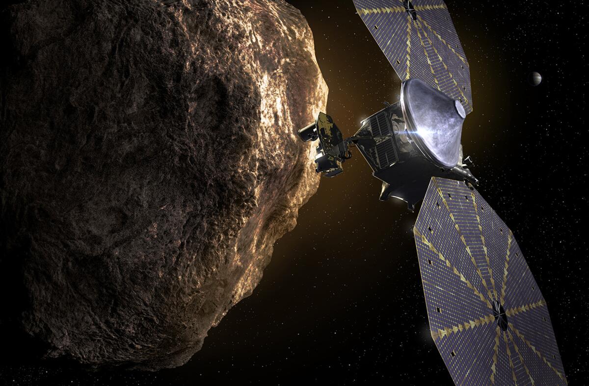 An illustration of NASA's Lucy spacecraft approaching an asteroid. 