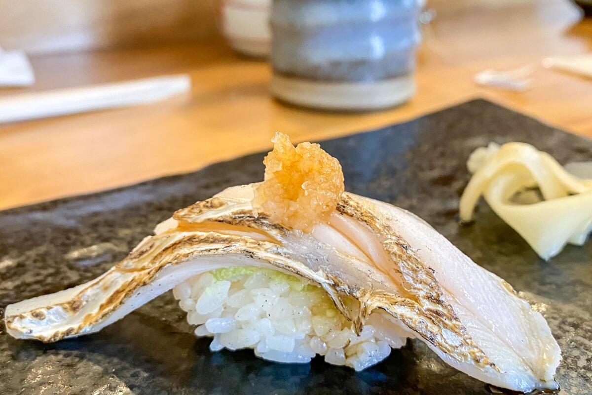 A piece of nigiri during lunch service at Sushi Kenbey in Silver Lake. 