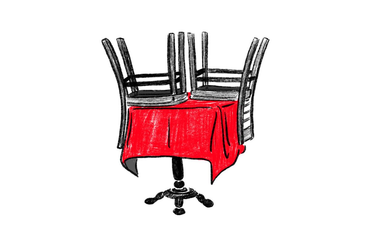 Illustration of chairs upside down on a restaurant table 