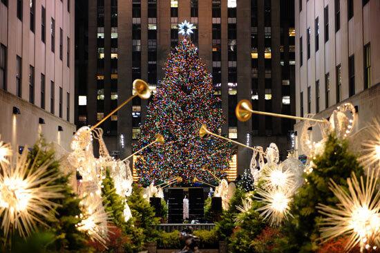 A look down Rockefeller Plaza at the Norway spruce chosen to stand in Rockefeller Center this year.