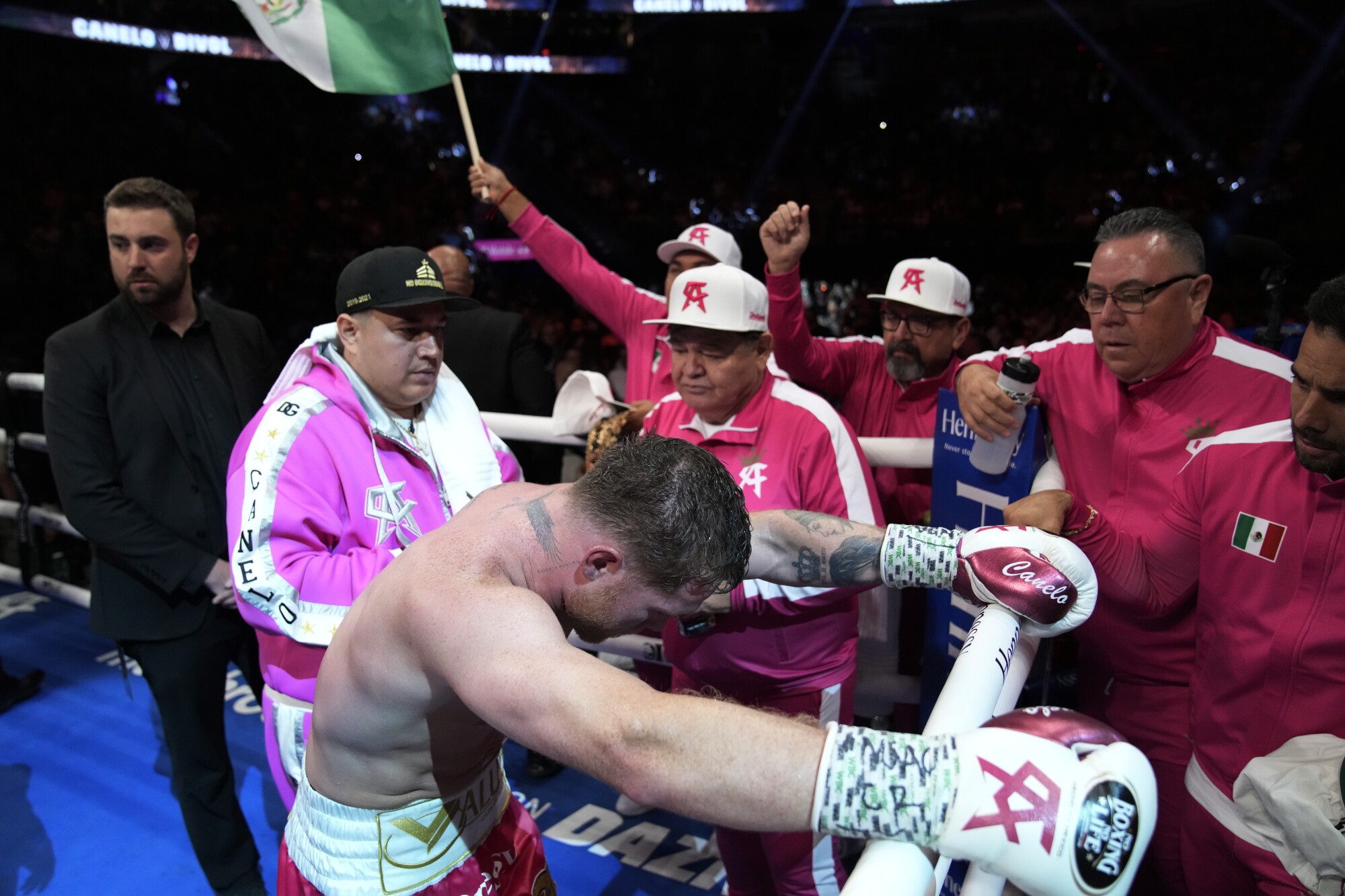 Canelo Alvarez, of Mexico, reacts after a light heavyweight title fight against Dmitry Bivol