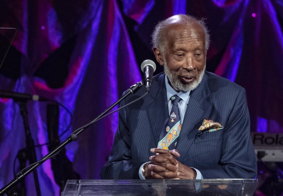  Music Executive Clarence Avant accepts the Industry Icon award during the Clive Davis Pre-Grammy Gala
