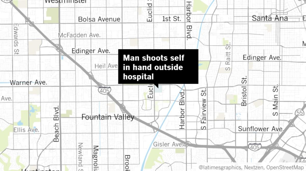 A man shot himself multiple times in a hand in a parking lot outside Fountain Valley Regional Hospital and Medical Center on Friday afternoon, according to authorities.