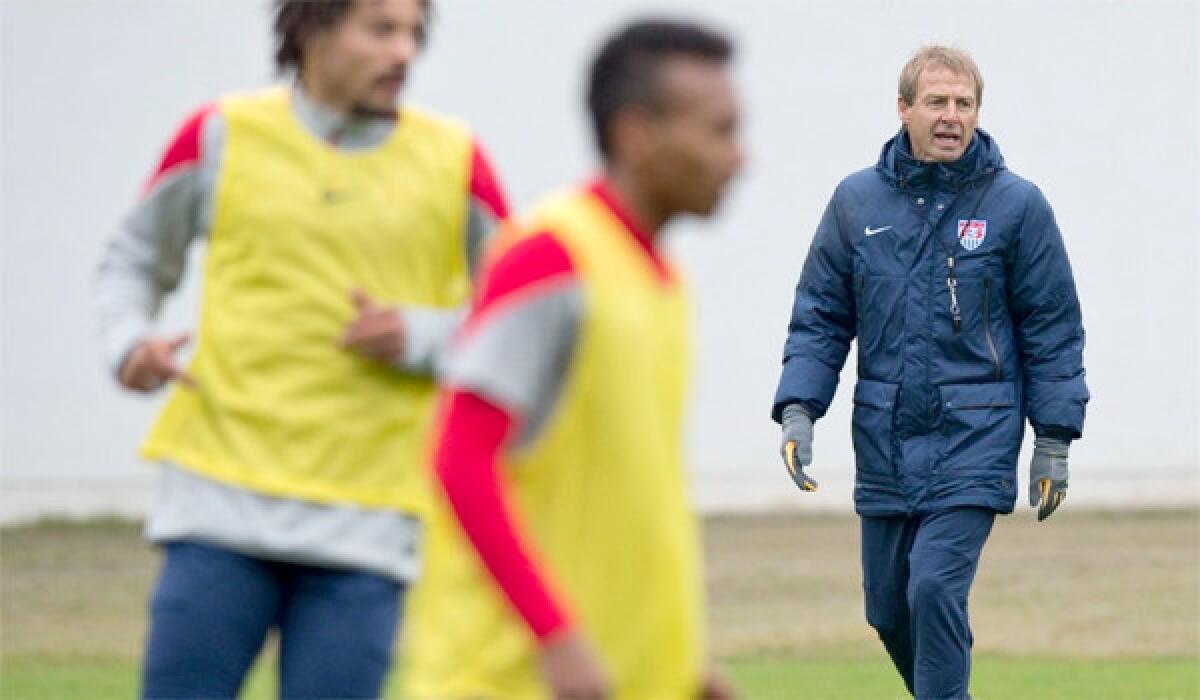 Coach Juergen Klinsmann leads a training session for the U.S. men's national team in Frankfurt, Germany on Monday. The U.S. team will face Ukraine in Cyprus on Wednesday.