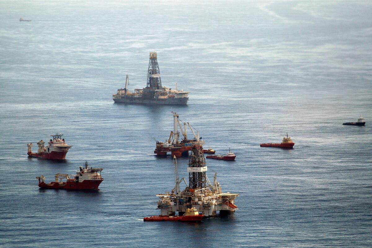 Ships assist in cleanup and containment near the source of the BP Deepwater Horizon oil spill in the Gulf of Mexico in July 2010.