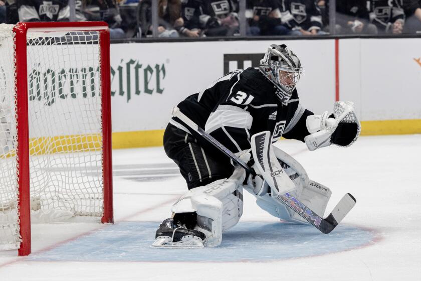 LOS ANGELES, CA - APRIL 28, 2024: Los Angeles Kings goaltender David Rittich (31) only gave up one goal in the Kings 1-0 loss to the Edmonton Oilers in Game 4 of the first round of the Stanley Cup playoffs at Crypto.com Arena on April 28, 2024 in Los Angeles, CA.(Gina Ferazzi / Los Angeles Times)