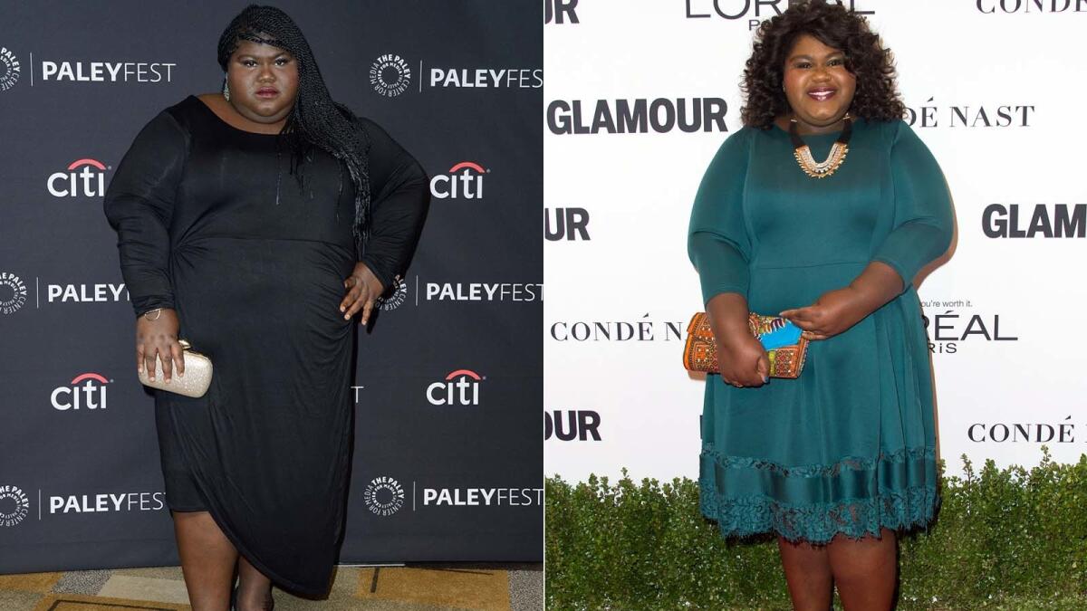 Gabby Sidibe on March 18, 2016, left, and on Nov. 14, 2016.