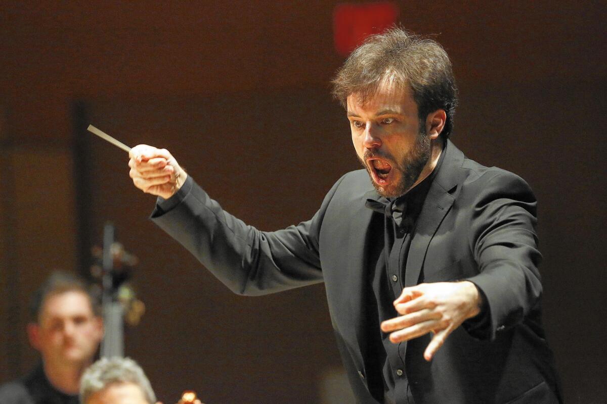 Lukasz Borowicz conducts the L.A. Phil New Music Group at Walt Disney Concert Hall on Jan. 19.