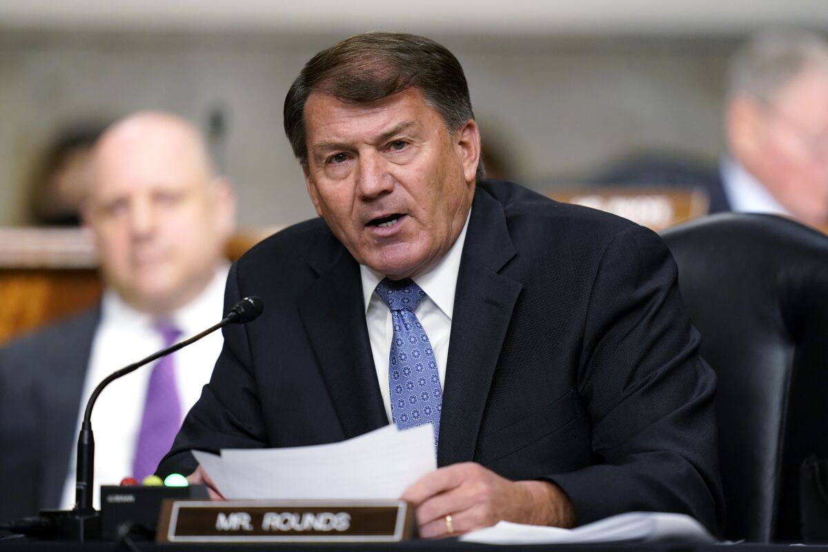 FILE - Sen. Mike Rounds, R-S.D., speaks during a Senate Armed Services Committee hearing on the conclusion of military operations in Afghanistan and plans for future counterterrorism operations, Tuesday, Sept. 28, 2021, on Capitol Hill in Washington. On Monday, Jan. 10, 2022, Rounds said he stands by his statement that Donald Trump lost the 2020 election after Trump called his fellow Republican a “jerk” for saying so. (AP Photo/Patrick Semansky, Pool, File)