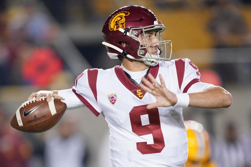 BERKELEY, CALIFORNIA - NOVEMBER 16: Kedon Slovis #9 of the USC Trojans looks to pass against the California Golden Bears during the first quarter of an NCAA football game at California Memorial Stadium on November 16, 2019 in Berkeley, California. (Photo by Thearon W. Henderson/Getty Images)