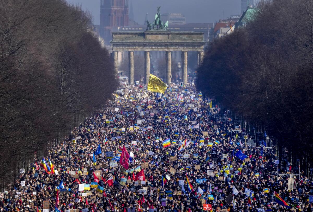 Thousands of marchers crowd an avenue lined by trees