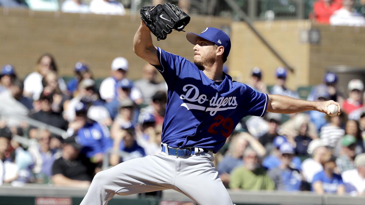 Dodgers starter Scott Kazmir, shown during a game in early March, went three innings Sunday and his fastball rarely exceeded 86 mph. (Darron Cummings / Associated Press)