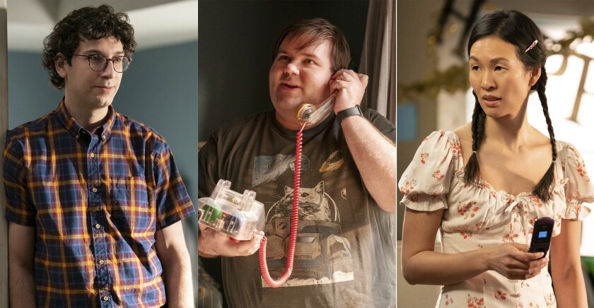 This combination of images shows, cast members, from left, Rick Glassman, Albert Rutecki and Sue Ann Pien in separate scenes from the new Amazon Prime ensemble series “As We See It,” which follows three young people on the autism spectrum as they negotiate daily life. (Ali Goldstein/Amazon via AP)