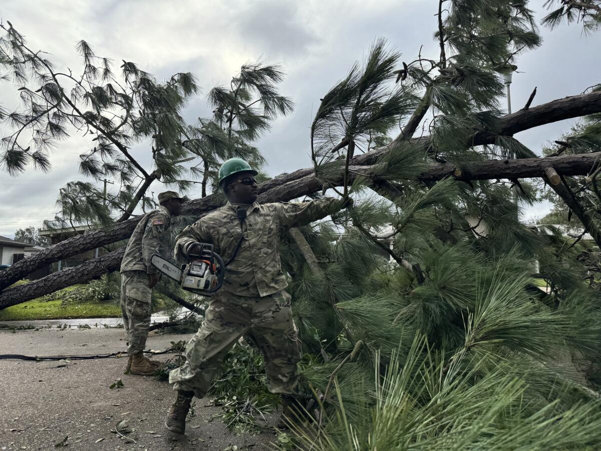 A National Guardsman removes a fallen tree from a road in Morgan City, La. 