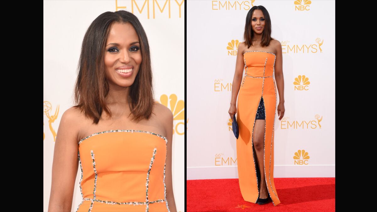 Kerry Washington in Prada. This orange-is-the-new-black column gown had everything -- bold color, a high slit, chic sparkly underskirt and beaded edges. Unusual in the best way.