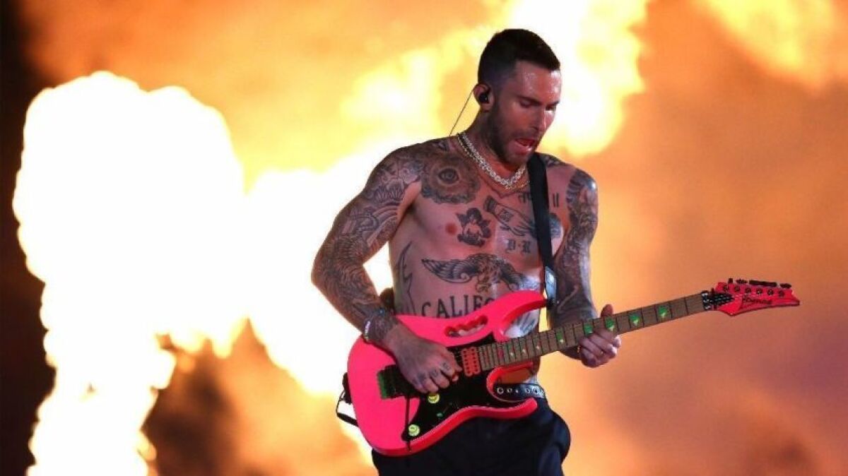 Adam Levine of Maroon 5 performs at the 2019 Super Bowl halftime show.