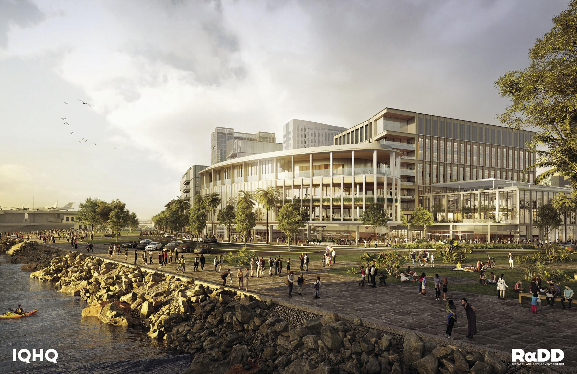 A rendering of the south west corner of IQHQ's Research and Development District