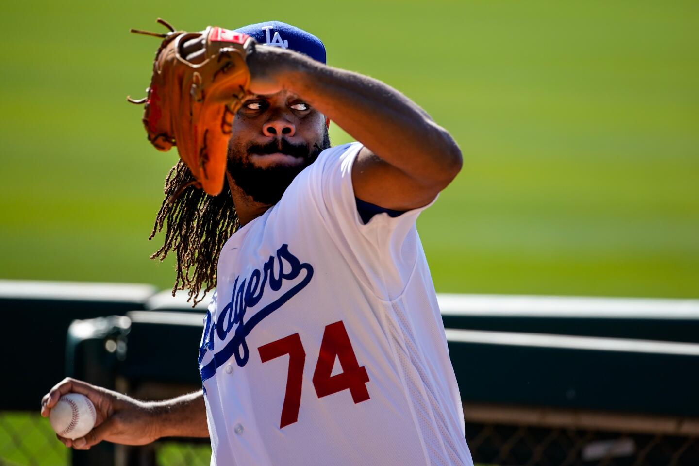 Dodgers closer Kenley Jansen works in the bullpen during a spring training session at Camelback Ranch.