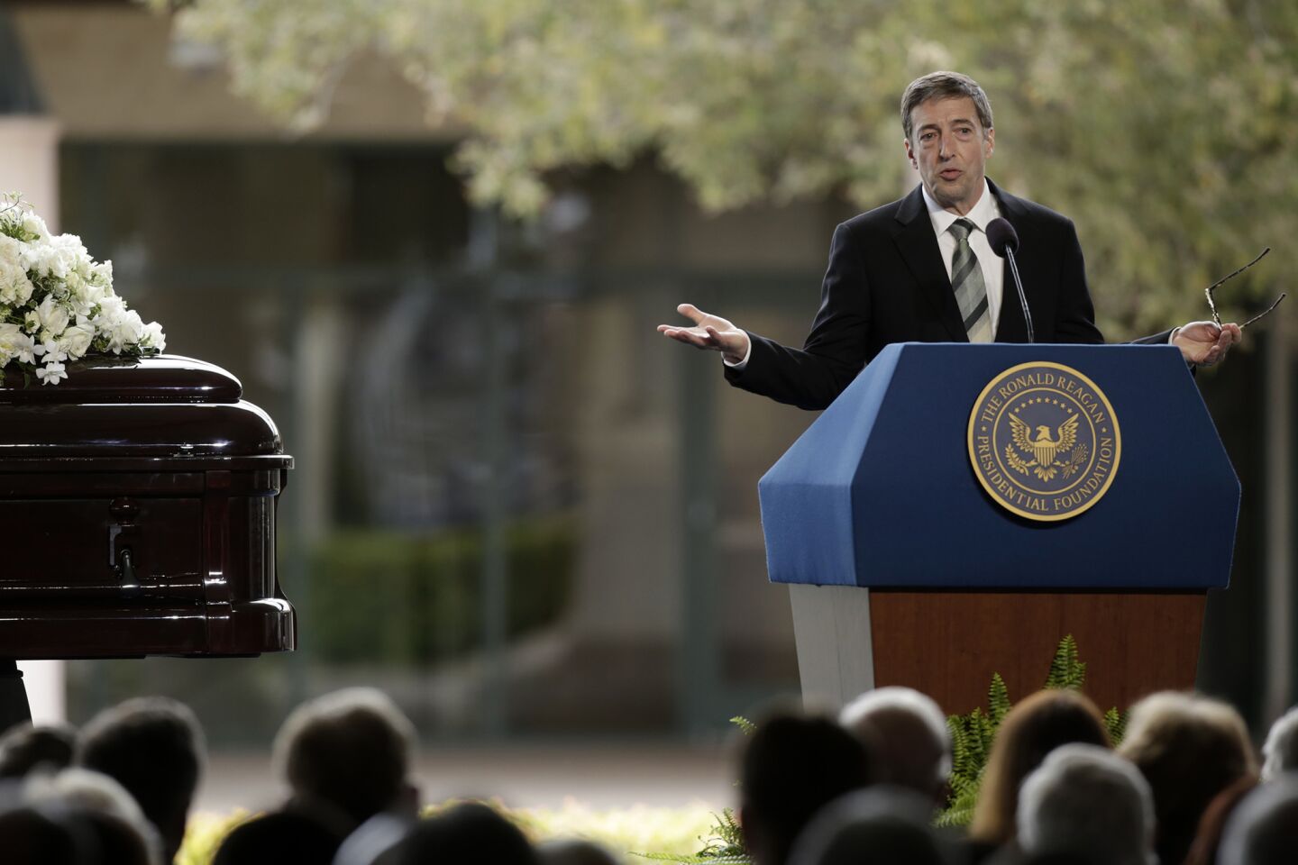 Ron Reagan speaks at the funeral of his mother and former First Lady Nancy Reagan at the Ronald Reagan Presidential Library in Simi Valley.