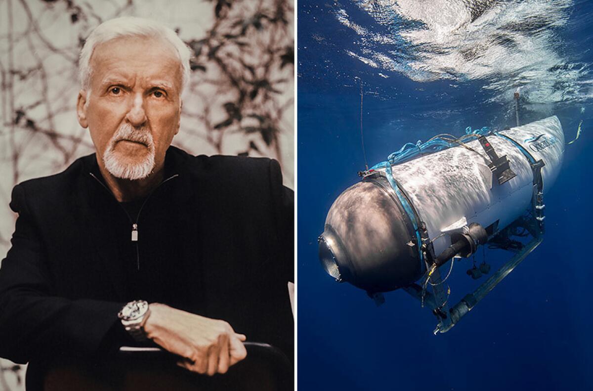 Split image of James Cameron posing with a serious face in a black jacket and an OceanGate submersible diving in water