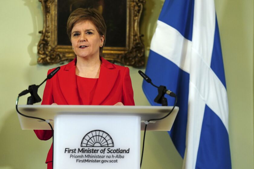Nicola Sturgeon speaks during a press conference at Bute House in Edinburgh, Wednesday, Feb. 15 2023. Sturgeon has resigned as first minister of Scotland following months of controversy over a law that makes it simpler for people to change their gender on official documents. Sturgeon led the country's devolved government and the Scottish National Party for eight years. (Jane Barlow/Pool photo via AP)